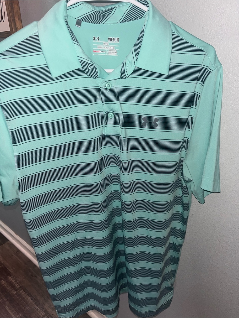 Under Armour Mint Green and Dark Gray Striped Polo Shirt